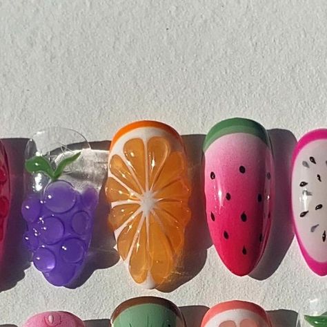 @setsxnenita on Instagram: "Fruit salad nails!! 🍓🍉🍋🥝  drew some inspo from @nailsbycindyxo   • • •  *•.¸♡ ༒ ☆ ༒ ♡¸.•*   #gelx #handpainted #nailartist #nails #setsxnenita #nailinspo #instanails #nailart #pinterestnails #pressons #fruitnails #summernails" 3d Fruit Nails, Summer Salads With Fruit, 3d Nails, Nail Art Inspiration, Nail Artist, Summer Nails, Nail Inspo, Nail Designs, Nail Art