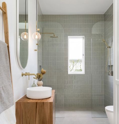 Bathroom L O V I N G 💕⁠ ⁠ We can't get over just how sweet this bathroom is! When it comes to designing bathrooms and adding your own… | Instagram Feature Tile Wall, Van Aesthetic, Green Shower Tile, Light Grey Bathrooms, Organic Modern Bathroom, Restroom Renovation, Warm Bathroom, Green Tile Bathroom, Grey Floor