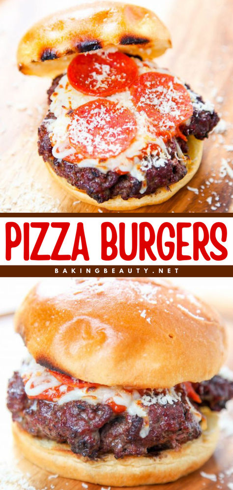 Learn how to make Pizza Burgers! They're so easy. Plus, you get to experience everything you love about pizza and cheeseburgers in one summer grilling idea or spring dish. Put them on your Memoria Day dinner recipes! Pizza Burgers Recipe, Pepperoni And Cheese, Juicy Burgers, Juicy Burger, Pizza Burger, Pizza Burgers, Melty Cheese, Gourmet Burgers, Hamburger Recipes