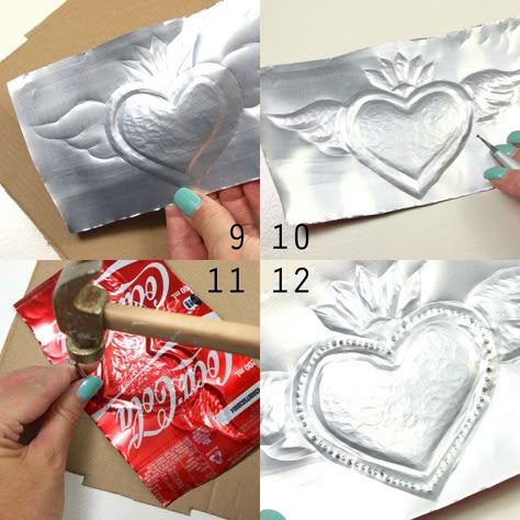 Aluminum Embossing Art, Mexican Folk Art Diy, Goth Craft Ideas, Tin Decorations, Feuille Aluminium Art, Tin Hearts, Mexican Folk Art Decor, Lon Bia, Recycled Cans