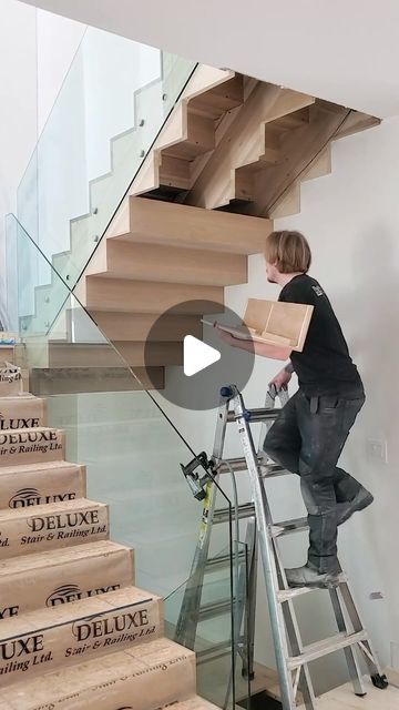 Deluxe Stair & Railing Ltd 🇨🇦 on Instagram: "Artisans in action. ••••••••••••••••••••••••••••••••••••••••••••••••••••••••••••• #clad #glass #modern #goals #toronto #home #contemporary #carpentry #construction #woodworking #work #stairs #wood #carpenter #team #oak #newhome #realestate #architect #renovation #homestyle #6ix #renovation #stair #interiors #interiordesign #interior #designer #architecture #design #wcw" Stair Glass Railing, Glass Staircase Railing, Wood Railings For Stairs, Stairs Wood, Glass Railing Stairs, Metal Spindles, Staircase Interior Design, Toronto Home, Railing Ideas