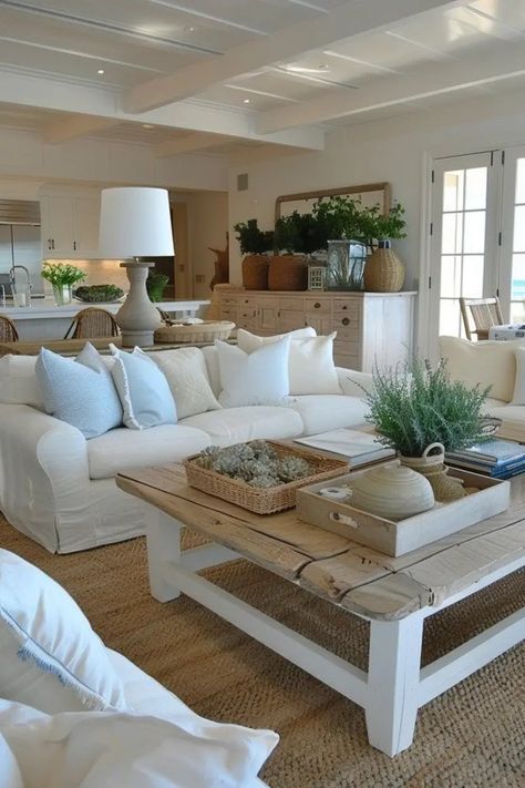 Coastal Grandma Living Room Ideas, Coastal Country Home, Japandi Cottage, Farmhouse Interior Living Room, Neutral Coastal Living Room, Coastal Living Rooms Ideas, Cozy Coastal Living Room, Country Coastal Decor, Coastal Farmhouse Living Room