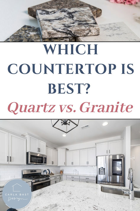 Qaurtz vs. Granite Comparison Guide | countertop materials | granite slabs | kitchen countertops | look of natural stone | popular choices for countertops | engineered stone | natural quartz | quartz counters | natural stone countertops | new countertops | heat resistant countertops | types of countertops | VOCs | solid surface | marble countertops | best kitchen countertops budget | best white kitchen countertops | DIY | kitchen remodel | bathroom remodel | sustainable Pre Fab Countertop, Best Kitchen Countertops Budget, Light Colored Countertops, Best Granite Countertops, Quartz Or Granite Countertops, Quartz Kitchen Countertops Ideas, Marble Vs Granite Countertops, Best Countertops For Kitchen, Best Kitchen Countertop Material