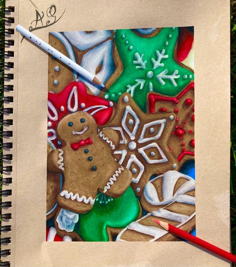 art Winter Drawings Colored Pencil, Christmas Drawing Ideas Realistic, Christmas Cookies Painting, Christmas Drawing Colored Pencil, Christmas Theme Drawings, Christmas Drawings Realistic, Christmas Colored Pencil Drawings, Christmas Drawing References, Christmas Cookies Drawing