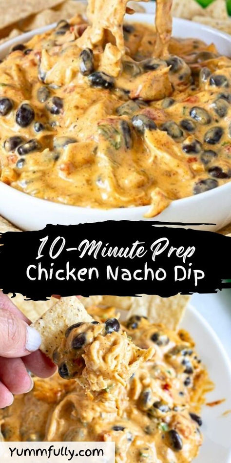 This easy-to-make Crock Pot Chicken Nacho Dip is a crowd favorite and a great way to use that leftover rotisserie chicken. Melty Velveeta cheese, diced tomatoes, green onions, jalapenos, and black beans make it hearty and delicious with just 10 minutes of prep time! Chicken Fajita Queso Dip, Chicken Velveeta Dip, Dips With Chicken In It, Crockpot Chicken Nacho Dip, Mexican Chicken Dip Crockpot, Chicken Taco Dip Crockpot, Crockpot Chicken Dip Recipes, Dish To Bring To A Party, Warm Chicken Dip