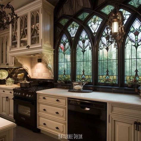 Kitchen With Stained Glass Windows, Victorian Gothic Farmhouse, Cathedral Home Decor, Whimsigoth Stained Glass Window, Stained Glass Window Home, Gothic Kitchen Cabinets, Stained Glass In Home, Gothic Victorian Kitchen, Stained Glass In Kitchen