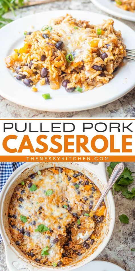 This comfort food recipe is one of the things to make with leftover pulled pork! Not only is this easy pulled pork casserole cheesy and flavor-packed, but it is also wholesome. Save this cozy dinner idea! Dinner With Pulled Pork, Canned Pulled Pork Recipes Dinners, Leftover Mojo Pork Recipes, Pulled Pork And Sweet Potato Recipes, Pulled Pork And Potatoes Recipes, Pork Carnitas Casserole, Shredded Pork Meals, Shredded Pork Casserole, Pulled Pork Enchilada Casserole