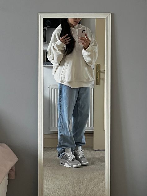 Jordan 4 Wet Cement Outfit, Frozen Moments Jordan 4 Outfit, Jordan 4 Frozen Moments Outfit, Jordan 4 Outfit, Frozen Moments, Cream Hoodie, Jordan Outfits, Air Jordan 4, Baggy Jeans