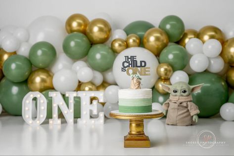 Mandalorian Bday Party, Mandalorian Smash Cake, Grogu Birthday Cake Ideas, One With The Force Smash Cake, Grogu Birthday Party Decorations, Yoda First Birthday Party, Mandalorian 1st Birthday, Nerdy First Birthday Party Ideas, Grogu Smash Cake