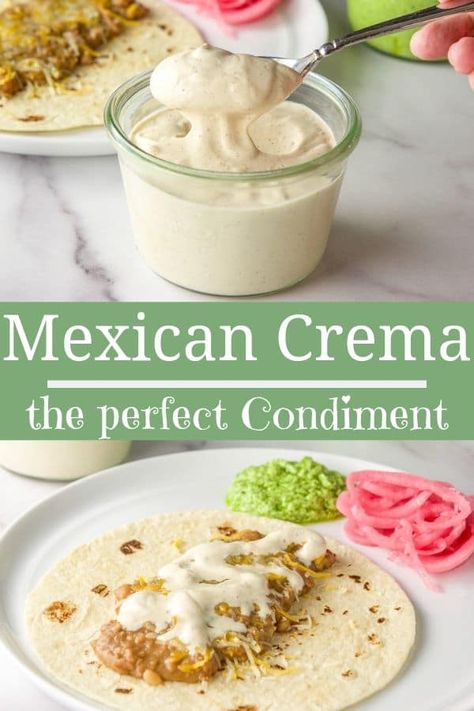 This Mexican crema recipe is delightfully creamy and perfectly spicy. It's the perfect condiment and every dish is enhanced by this delicious and versatile crema! You can even eat it as a delicious and unique dip. #crema #mexicancrema #condiment #dishesdelish Mexican Crema Recipe, Paleo Condiments, Crema Recipe, Tacos Mexicanos, Mexican Crema, Mexican Sauce, Homemade Condiments, Condiment Recipes, Taco Dip