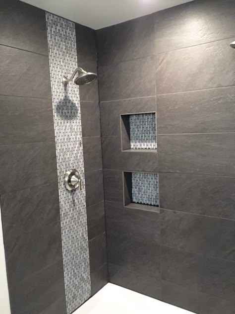 Washrooms Tiles Ideas, Tile Mix And Match, Bathroom Shower Waterfall, Walk In Shower Designs Tile Modern, Waterfall In Shower Tile, Bathroom Waterfall Tile Design, Waterfall Shower Bathroom Tile, Showers Tiles Ideas, Shower Niche Tile Ideas Waterfall