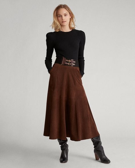 Suede Midi Skirt, Ralph Lauren Looks, Ralph Lauren Womens Clothing, Ralph Lauren Skirts, Rib Knit Top, Lily Aldridge, Ralph Lauren Style, Taylor Hill, Polo Ralph Lauren Women