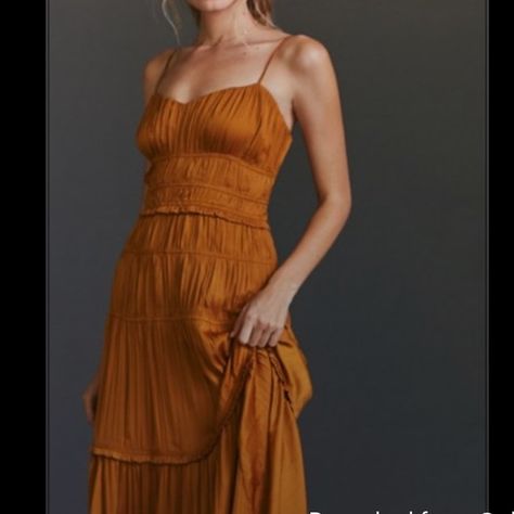 NWOT Anthropologie Ruched Tiered Satin Slip Midi Dress Gold Side Zipper S 12 Marigold Dress, Slip Midi Dress, Net Dress, Tiered Midi Dress, Pleated Maxi Dress, Strappy Dresses, Size 12 Dress, Satin Slip, Ruffled Maxi Dress