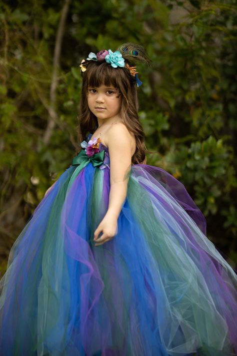 Peacock Wedding Flowers, Peacock Fairy, 2000s Barbie, Fairy Princess Dress, Flowery Dresses, Multi Colored Flowers, Fairy Dresses, Peacock Wedding, Wedding Flower Girl Dresses