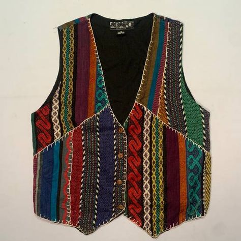 Knitted Vest Men, 70s Vest, Diy Vest, Ropa Upcycling, Mens Vest Fashion, Handmade Vest, Colorful Vest, Patchwork Clothes, Boho Vest