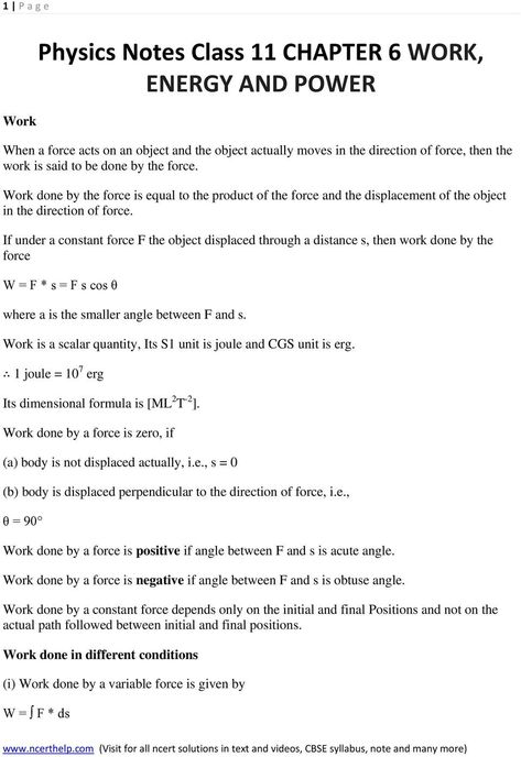 Work Power and Energy Worksheet Physics Notes Class 11 Chapter 6 Work Energy and Power Class 11 Physics Notes Work Energy Power, Work Energy Power Physics Notes, Work Power Energy, Work Energy And Power, Circle Theorems, Physics Concepts, Physics Lessons, Nursing School Motivation, Physics Notes