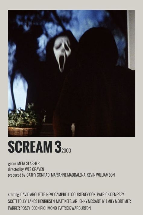 Scream 2000, Scream 3 Poster, Cameron Core, Patrick Demsey, Movie Challenge, Scream Movies, Spooky Wallpaper, Indie Movie Posters, Scream 3