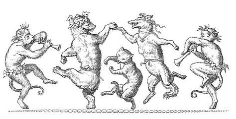 A cat has joined a bear and a female wolf dancing together to the music of a monkey and a boy playing the shawm Dancing Animals Illustration, Dancing Circle, Bw Design, Animals Dancing, Dancing Dogs, Dance Illustration, Vintage Clip Art, Dancing Animals, Dancing Drawings