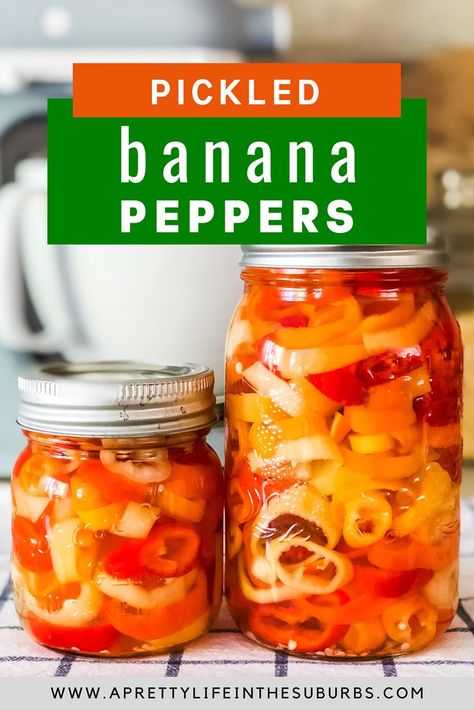 Make these Quick and Easy Refrigerator Pickled Banana Peppers to enjoy on sandwiches, pizza, salads and more! This simple recipe can be made in less than one hour. No canning required. Banana Pickle Recipe, Refrigerator Banana Peppers, How To Pickle Banana Peppers, Pickle Banana Peppers Recipe, Banana Peppers Recipe, Recipes With Banana Peppers, Sweet Banana Peppers, Easy Apple Dumplings, Pickled Banana Peppers