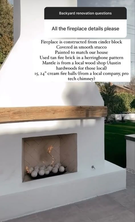 Wrap Patio Posts, Stucco Exterior Fireplace, White Stucco Outdoor Fireplace, Outdoor Fireplace Tile Ideas, Outdoor Plaster Fireplace, Backyard Brick Fireplace, Faux Outdoor Fireplace, Cinder Block Stucco, White Outdoor Fireplace