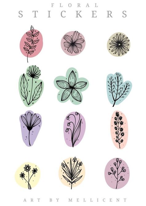 Floral Printables Free, Diy Flower Stickers, Floral Stickers Free Printable, Simple Sticker Ideas, Floral Stickers Printable, Floral Doodle Art, Stickers Printable Free, Simple Stickers, Doodle Art Flowers