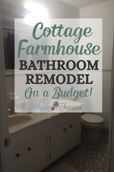 Cottage Farmhouse Chic Bathroom Remodel, Vintage Chic Bathroom This rundown 1960's bathroom makeover is a project we have been saving up for a couple years, knowing it would be more than we could DIY all on our own. I am so excited to complete this bathroom remodel as part of the One Room Challenge. Our plans for the bathroom makeover include replacing the tile with wainscoting, installing a wood farmhouse sink inspired by pottery barn, and replacing the light fixture with a vintage chandelier Shabby Chic Bathroom Lighting, Sit Bathroom Makeover, Farmhouse Vintage Bathroom, Shabby Chic Small Bathroom, Guest Bathroom Remodel On A Budget, Small Bathroom Farmhouse Ideas, Farmhouse Chic Bathroom Ideas, Diy Bathroom Remodel On A Budget Farmhouse Style, Diy Farmhouse Bathroom Remodel