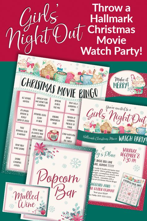 Hallmark Movie Themed Party, Hallmark Movie Party Ideas, Hallmark Christmas Movie Party, Hallmark Christmas Movie Bingo, Movie Watch Party, Christmas Movie Party, Christmas Movie Bingo, Movie Bingo, Hallmark Holiday Movies