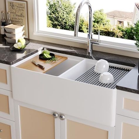 33 inch Farmhouse Sink, DeerValley 33" L x 20" W Double Bowl Farmhouse Workstation Sink Apron Front Sinks White Fireclay Farm Kitchen Sink with Grid, Sink Strainer & Workstation Accessories DV-1K0068 Kitchen Sink Options, Porcelain Kitchen Sink, Best Farmhouse Sinks, Workstation Sink, White Farmhouse Sink, Apron Front Kitchen Sink, Fireclay Farmhouse Sink, White Kitchen Sink, Farmhouse Kitchen Sink