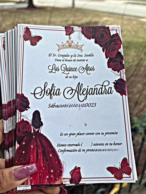 Red And Gold Invitations Quinceanera, Red And White Charro Quinceanera Decorations, Quince Invitations Red, Red Quince Ideas, Red Quince Invitations, Red Quinceanera Invitations, 15 Invitations Ideas, Red Quinceanera Ideas Decor, Red Quince Decorations