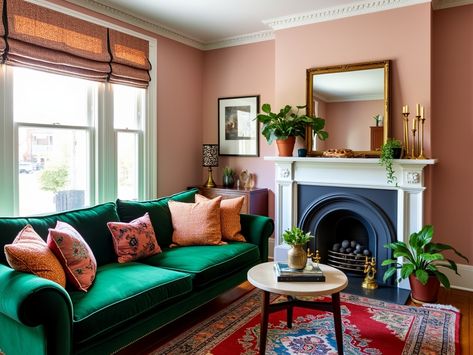 Transform your living space with this stunning eclectic living room! ✨ Featuring a luxurious emerald green velvet sofa paired with colorful patterned throw pillows, this design exudes personality and comfort. The soft blush pink walls create a warm backdrop, while the vintage Persian rug adds a touch of elegance. Enhance the ambiance with a fireplace mantel adorned with brass candlesticks and lush potted plants, complemented by a bold oversized mirror that reflects light beautifully. 🪴 #LivingRoomDecor #HomeInspiration Pink Green Living Room, Emerald Green Velvet Sofa, Blush Pink Walls, Pink And Green Living Room, Pink Living Room Walls, Emerald Green Sofa, Teal Sofa, Emerald Green Velvet, Sofa Wall