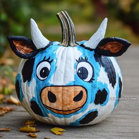 Chicken Pumpkin Painting, Pumpkin Cow, Cow Pumpkin, Chicken Pumpkin, Jersey Cow, Halloween Pumpkin Designs, Painted Pumpkin, Pumpkin Party, Cow Painting