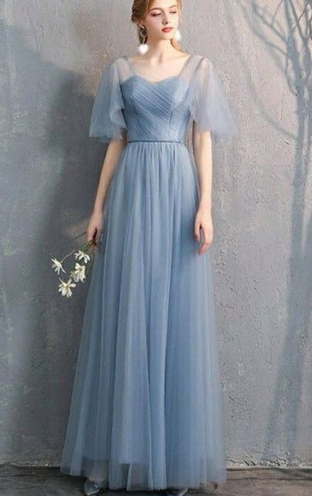 Sky Blue Wedding Theme Bridesmaid Dress, Blue Frocks For Women, Bridesmaid Dresses Dusty Blue, Brides Maid Dresses Blue, Sky Blue Maxi Dress, Blue Frock, Gown Ideas, Color Outfits, Lace Dress Design