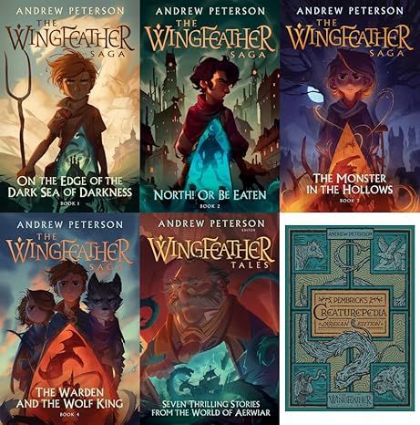 This set Includes the following titles: On the Edge of the Dark Sea of Darkness North! Or Be Eaten The Monster in the Hollows The Warden and the Wolf King Wingfeather Tales: Seven Thrilling Stories from the World of Aerwiar Pembrick’s Creaturepedia This is a great gift set! If you are not familiar with Andrew Peterson. He is a Christian Author and singer. These adventure books are perfect for tweens to adults! Middle Grade Fantasy Book Covers, Fantasy Powers, The Wingfeather Saga, Wingfeather Saga, Andrew Peterson, King Book, Fantasy Books To Read, Book Cover Illustration, Book Writing Inspiration