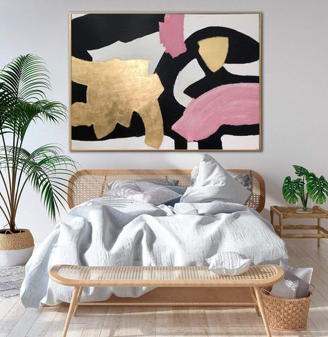 Large Abstract Colorful Paintings On Canvas In Pink, Gold, Black And White Colors Original Gold Leaf 30x40 Textured Artwork | HEART SOUNDS - Trend Gallery Art | Original Abstract Paintings Wall Decor Above Bed, Decor Above Bed, Modern Room Decor, Farmhouse Bedroom Decor, Boho Bedroom Decor, Décor Boho, Bedroom Prints, Bedroom Boho, Farmhouse Bedroom