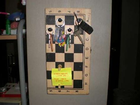 old  game board opens for storage. Old Games, Game Board, Chess Pieces, Key Holder, Chess Board, Chess, Board Games, Recycling, Key