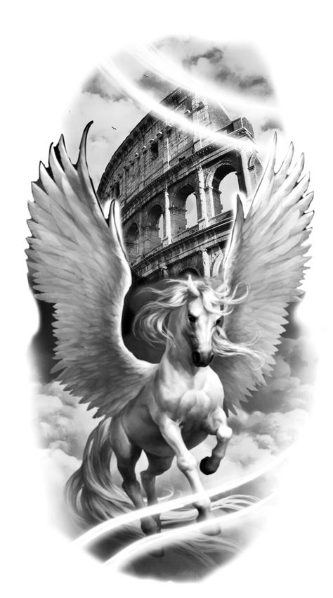 Greek Mythology Animals Tattoos, Greek Horse Tattoo, Pegasus Tattoo Mythology, Pegasus Tattoo Design, Exodus Tattoo, Pegasus Drawing, Shen Long Tattoo, Pegasus Tattoo, Greek God Tattoo