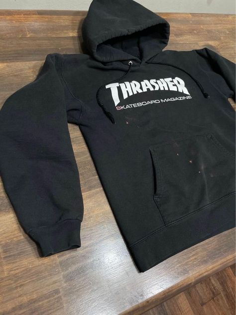 Black Thrasher Magazine Hoodie. Size is unisex Small. Used , with bleach spots on it. Would make a great tie-dye project. Fast shipping #thefoundshops #lexyscool #thrasher #hoodie Thrasher Sweatshirt, Huf Hoodie, Thrasher Flame, Thrasher Skate, Thrasher Hoodie, Hogwarts Outfits, Thrasher Magazine, Y2k Hoodie, Yellow Hoodie