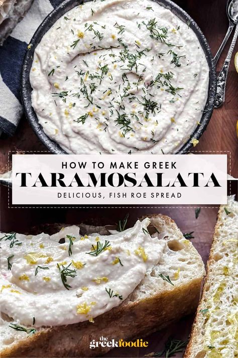 Taramosalata is one of the great Greek meze recipes. With ingredients like rich tarama (fish roe), extra virgin olive oil, bread, and lemons, it is creamy and delicious. The perfect representative of Lenten food, taramosalata is also enjoyed throughout the year. via @The Greek Foodie Meze Recipes, Greek Meze, Fish Roe, Recipes With Ingredients, Olive Oil Bread, Creamy Salad Dressing, Condiment Recipes, Flavored Butter, Best Appetizer Recipes