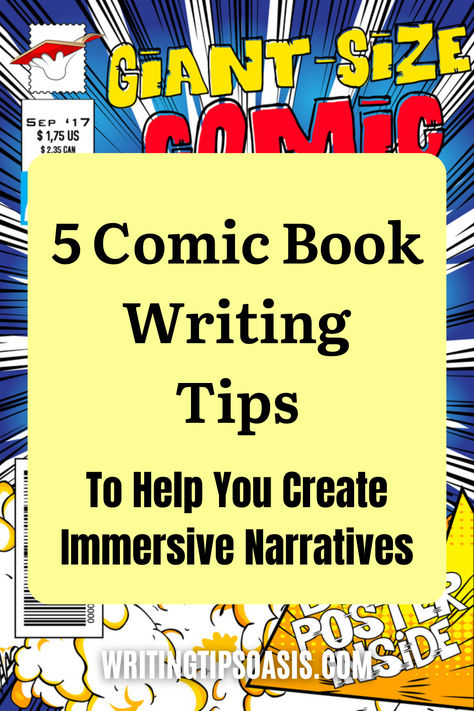 Image of comic book background and title of pin which is 5 comic book writing tips to help you create immersive narratives. Writing A Comic Book, Comic Book Writing, Writing Comics, Comic Book Writer, Book Writing Tips, Writing Advice, School Year, Book Publishing, Writing Tips