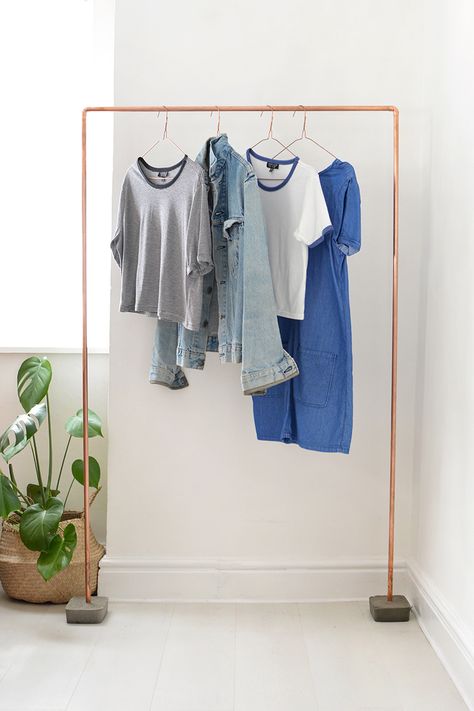 How to Make a Clothing Rack                                                                                                                                                                                 More Diy Clothes Rail, Copper Clothes Rail, Copper Clothes, Industrial Clothes Rail, Clothes Rack Design, 1st Photoshoot, Clothesline Diy, Dressing Ikea, Rolling Rack