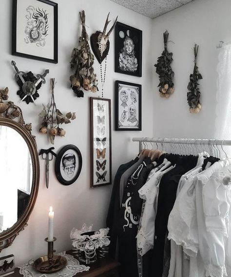 Gothic Bedroom With Plants, White Gothic Home Decor, Classy Goth Home Decor, Romantic Goth Aesthetic Room, Faux Door Ideas, Romantic Goth Decor, Light Goth Aesthetic, Punk Aesthetic Room, Cozy Goth Bedroom