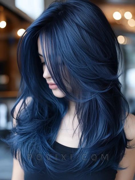 Midnight Blue Hair, Blue Hair Aesthetic, Blue Black Hair Color, Blue Hair Highlights, Colors For Brunettes, Navy Blue Hair, Blue Black Hair, Dyed Hair Blue, Hair Dye Ideas