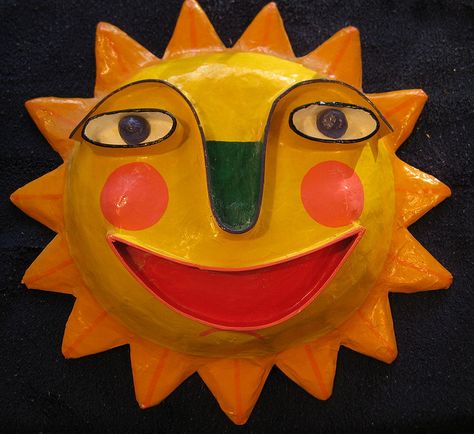 Beaming-sun paper mache mask by forestelf_2000, via Flickr Paper Mache Sun, Glue Recipe, Sun Sculpture, Paper Mache Wall Art, Printable Animal Masks, Sun Mask, Sun Paper, Fun Camp, Cardboard Mask