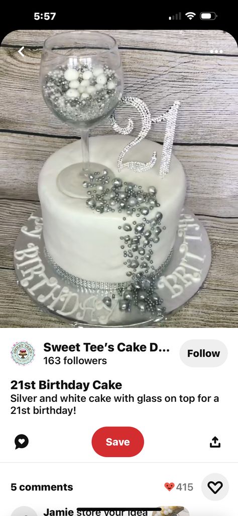 Silver 21st Birthday Cake, Cake For 21st Birthday, Silver 21st Birthday, Sweet Tee, 21st Birthday Cake, White Cake, 21st Birthday, Birthday Cake, Cake