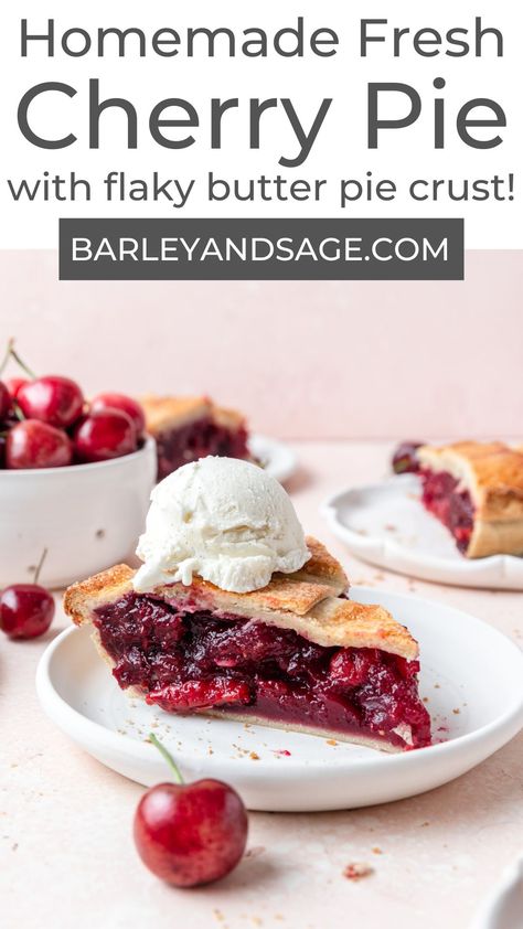 This homemade fresh cherry pie has a flaky, buttery pie crust, tangy cherry filling, and is topped with vanilla ice cream for the perfect summer dessert! Fresh Cherry Pie Recipe, Chocolate French Silk Pie, Cherry Macarons, Cherry Pie Recipe Easy, Southern Fried Okra, Fresh Cherry Pie, Forest Cupcakes, Beautiful Pie Crusts, Homemade Cherry Pie