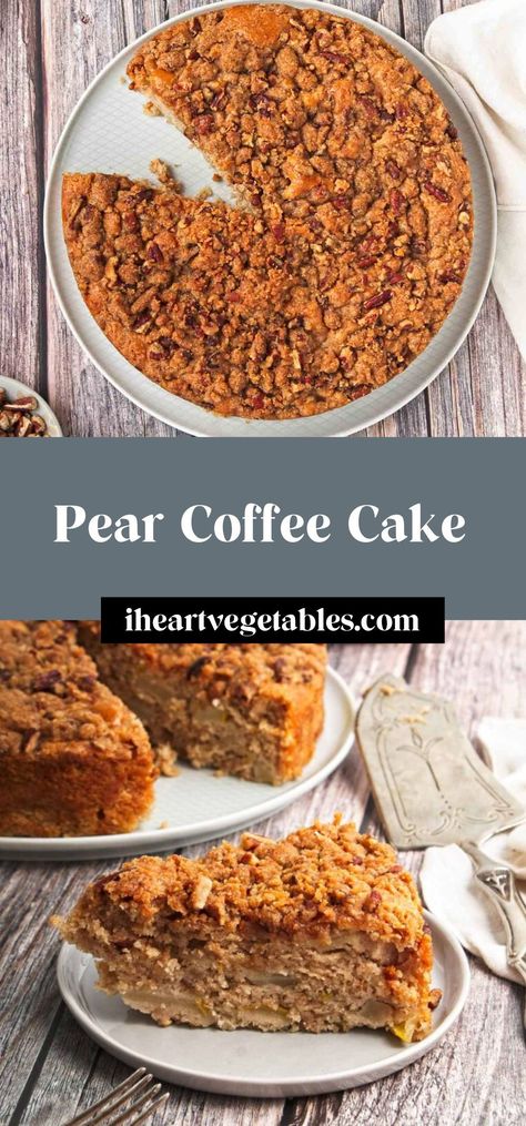 This pear coffee cake is tender and delicious with just the right amount of sweetness. It’s easy to make and it’s completely vegan! Pear Coffee Cake, Pear Cake Recipes Easy, Vegan Pear Recipes, Pear Vegan Recipes, Vegan Pear Dessert, Easy Vegan Coffee Cake, Vegan Pear Cake, Pear Coffee Cake Recipe, Eggless Pear Cake