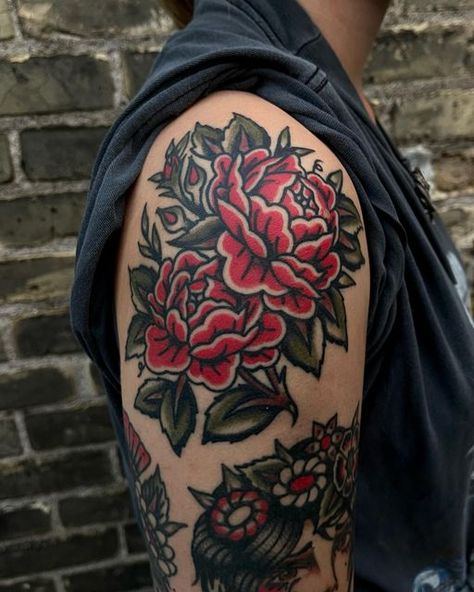 American Traditional Peonies, Black And Red Peony Tattoo, Peony Tattoo Elbow, Peony Elbow Tattoo, American Traditional Cover Up Tattoo, Peony Tattoo Traditional, Peony Traditional Tattoo, American Traditional Peony, Peony Tattoo Color