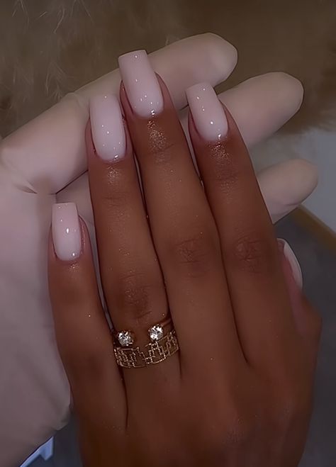 Gel Nails Milky Pink, Classy Rich Nails, Simple Shiny Nails, Natural Milky Nails, Elegant Gel X Nails, Soft Pink Square Nails, Sparkly Natural Nails, Natural Square Acrylic Nails, Milky White Acrylics