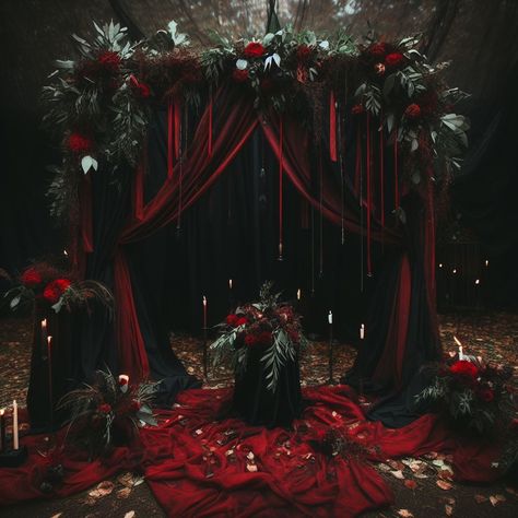 Emerald Green And Dark Red Weddings, Goth Wedding Backdrop, Gothic Red And Black Wedding Dress, Black And Red Wedding Backdrop, Black And Red Goth Wedding, Dark Romantic Wedding Makeup, Goth Christmas Wedding, Horror Theme Quince, Black Red And Purple Wedding Theme