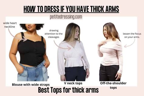 Thick Arms Outfit, Outfits For Wide Shoulders, Midsize Body Outfits, Midsize Outfit Ideas, Midsize Winter, Pear Body Shape Outfits, Chubby Girl Outfits, Thick Arms, Wide Straps Top